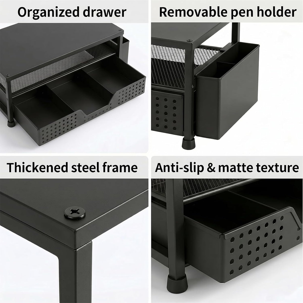 Desk Organizer and Accessories, 2-Tier Computer Monitor Stand Rise with Storage Drawer & 2 Pen Holders, Laptop & Printer Stand for Desktop, Workspace Organizers for Office Supplies (Black)