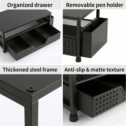 Desk Organizer and Accessories, 2-Tier Computer Monitor Stand Rise with Storage Drawer & 2 Pen Holders, Laptop & Printer Stand for Desktop, Workspace Organizers for Office Supplies (Black)