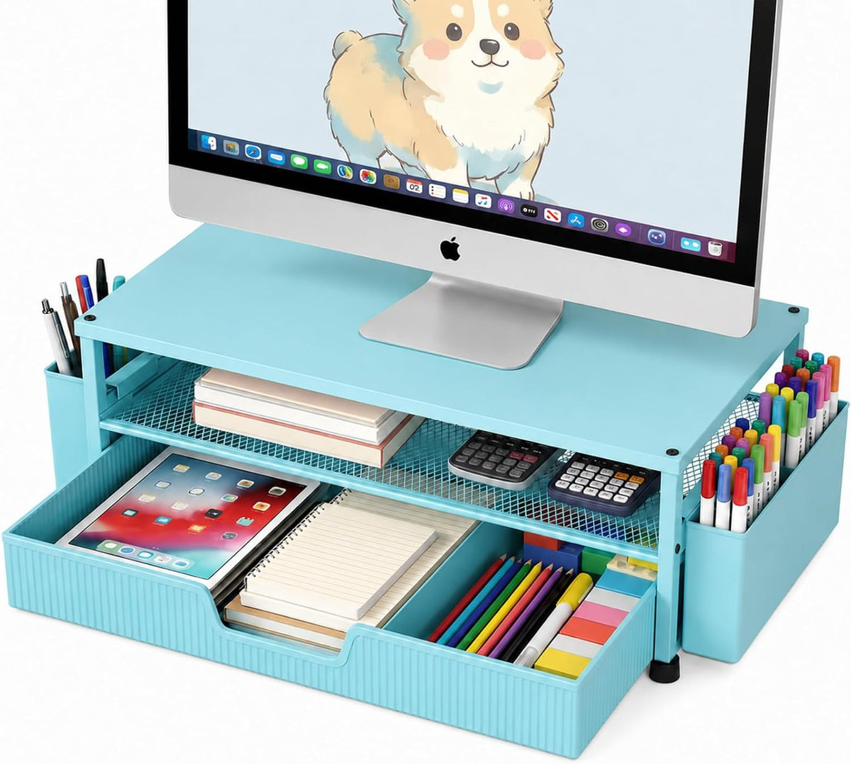 Desk Organizer and Accessories, 2-Tier Computer Monitor Stand Rise with Storage Drawer & 2 Pen Holders, Laptop & Printer Stand for Desktop, Workspace Organizers for Office Supplies (Black)