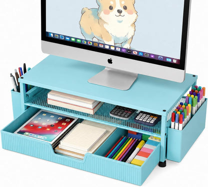 Desk Organizer and Accessories, 2-Tier Computer Monitor Stand Rise with Storage Drawer & 2 Pen Holders, Laptop & Printer Stand for Desktop, Workspace Organizers for Office Supplies (Black)