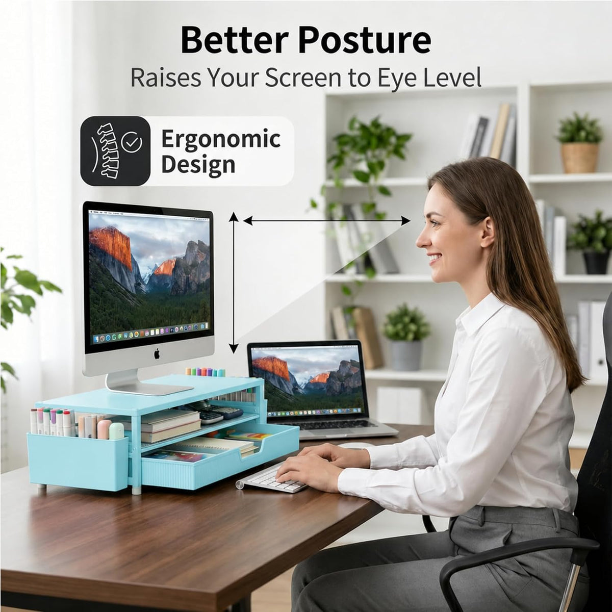 Desk Organizer and Accessories, 2-Tier Computer Monitor Stand Rise with Storage Drawer & 2 Pen Holders, Laptop & Printer Stand for Desktop, Workspace Organizers for Office Supplies (Black)