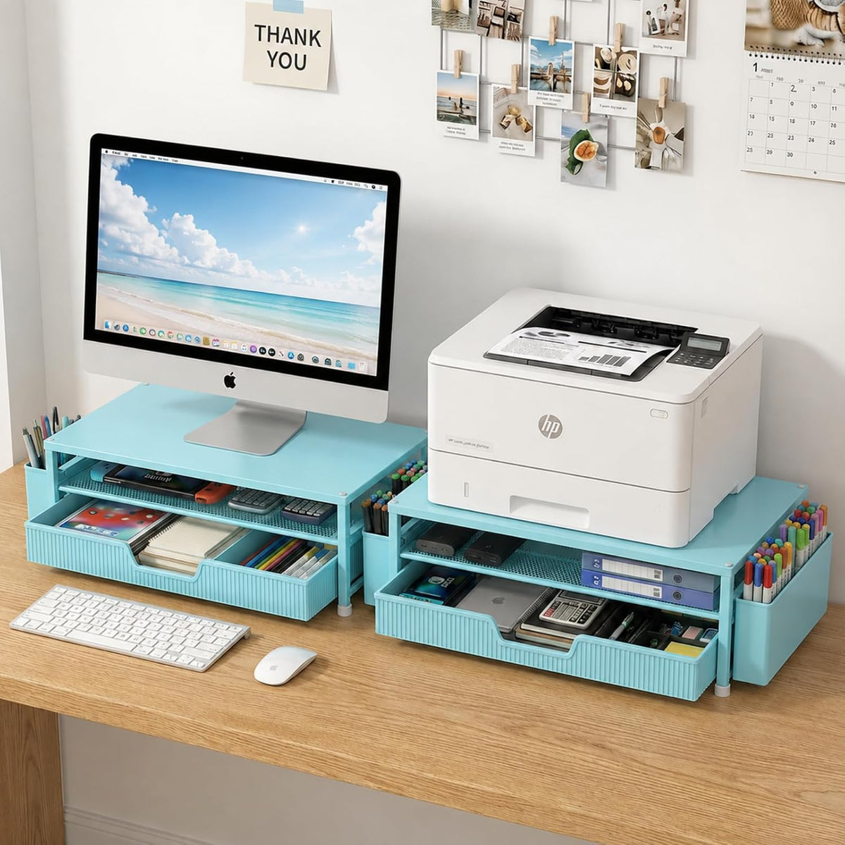 Desk Organizer and Accessories, 2-Tier Computer Monitor Stand Rise with Storage Drawer & 2 Pen Holders, Laptop & Printer Stand for Desktop, Workspace Organizers for Office Supplies (Black)