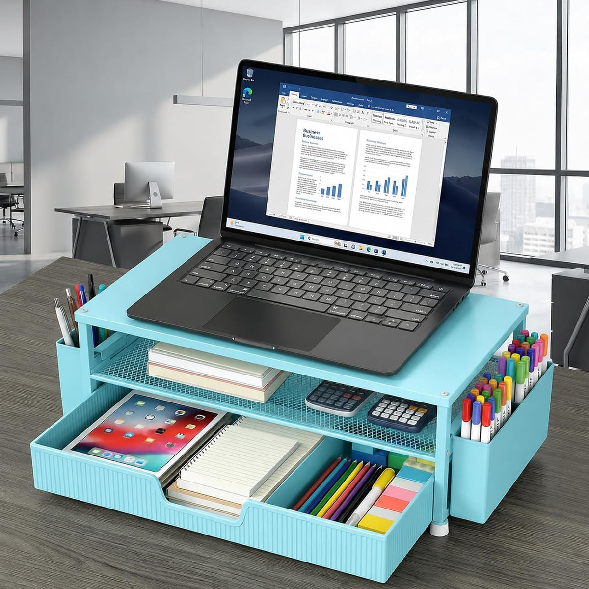Desk Organizer and Accessories, 2-Tier Computer Monitor Stand Rise with Storage Drawer & 2 Pen Holders, Laptop & Printer Stand for Desktop, Workspace Organizers for Office Supplies (Black)