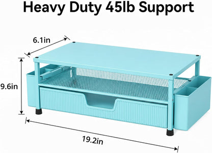 Desk Organizer and Accessories, 2-Tier Computer Monitor Stand Rise with Storage Drawer & 2 Pen Holders, Laptop & Printer Stand for Desktop, Workspace Organizers for Office Supplies (Black)