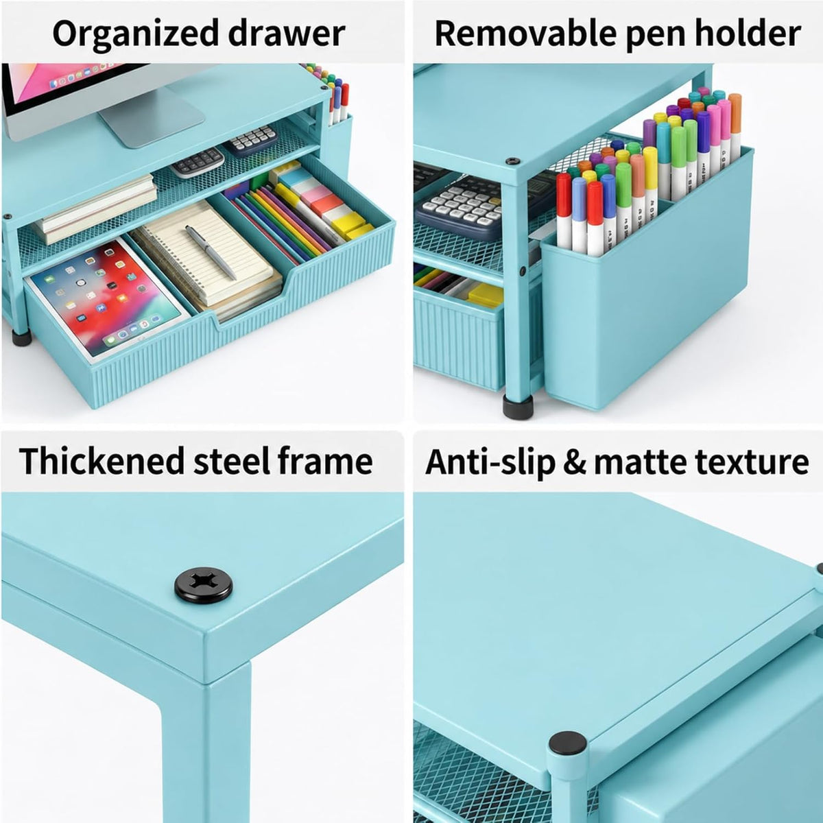 Desk Organizer and Accessories, 2-Tier Computer Monitor Stand Rise with Storage Drawer & 2 Pen Holders, Laptop & Printer Stand for Desktop, Workspace Organizers for Office Supplies (Black)