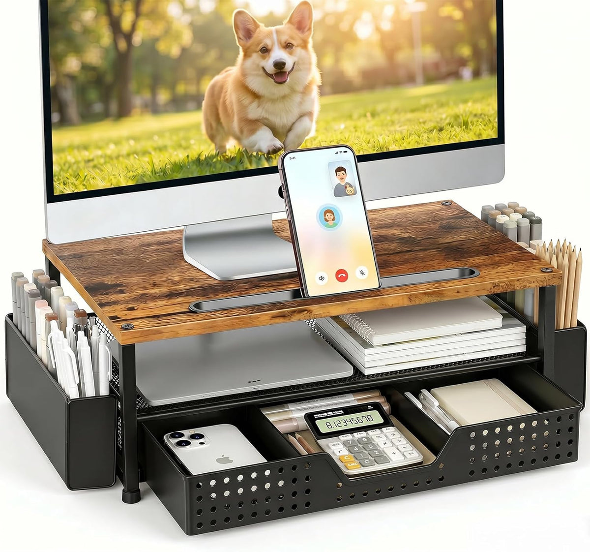 Desk Organizer and Accessories, 2-Tier Computer Monitor Stand Rise with Storage Drawer & 2 Pen Holders, Laptop & Printer Stand for Desktop, Workspace Organizers for Office Supplies (Black)