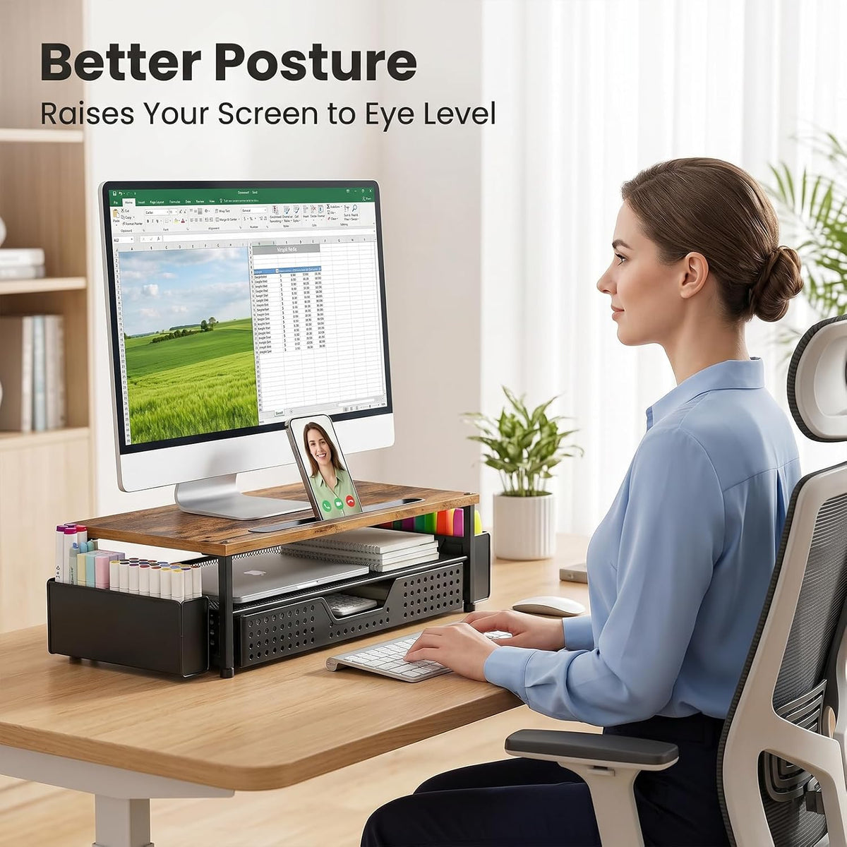 Desk Organizer and Accessories, 2-Tier Computer Monitor Stand Rise with Storage Drawer & 2 Pen Holders, Laptop & Printer Stand for Desktop, Workspace Organizers for Office Supplies (Black)