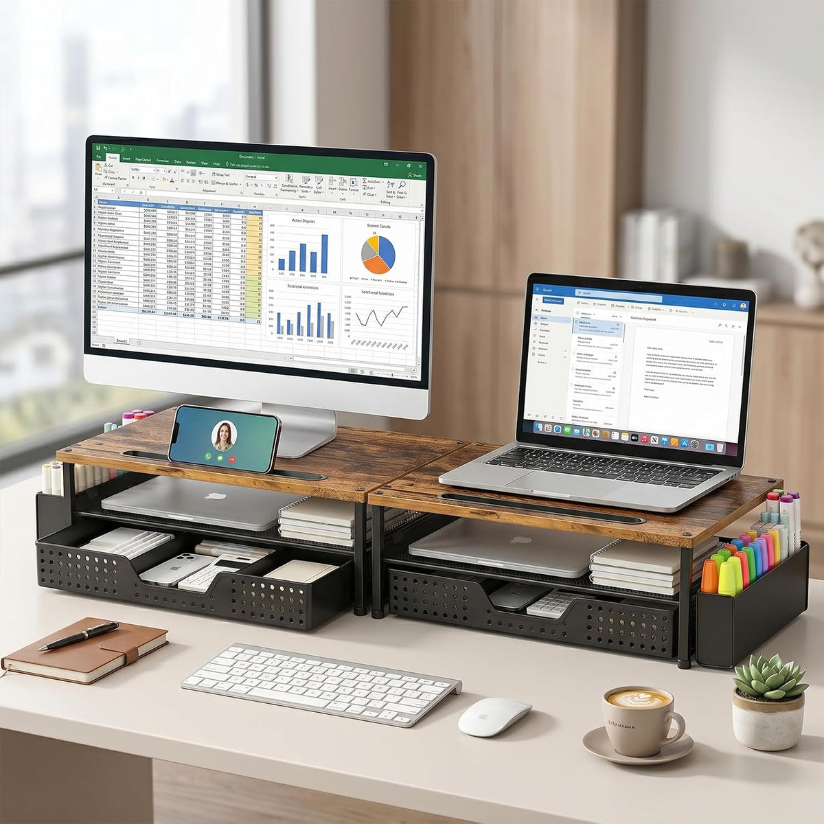 Desk Organizer and Accessories, 2-Tier Computer Monitor Stand Rise with Storage Drawer & 2 Pen Holders, Laptop & Printer Stand for Desktop, Workspace Organizers for Office Supplies (Black)
