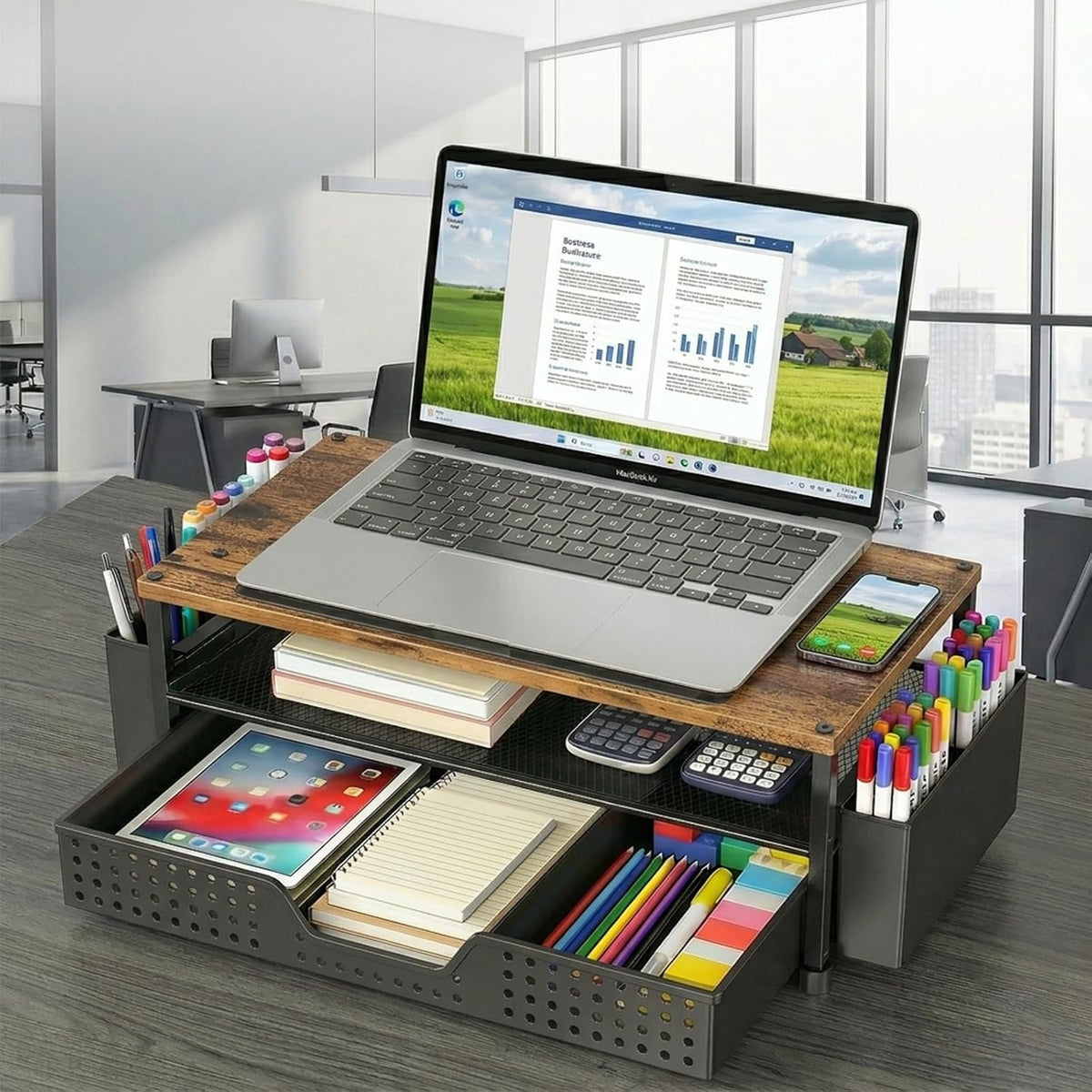 Desk Organizer and Accessories, 2-Tier Computer Monitor Stand Rise with Storage Drawer & 2 Pen Holders, Laptop & Printer Stand for Desktop, Workspace Organizers for Office Supplies (Black)