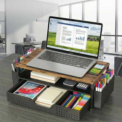 Desk Organizer and Accessories, 2-Tier Computer Monitor Stand Rise with Storage Drawer & 2 Pen Holders, Laptop & Printer Stand for Desktop, Workspace Organizers for Office Supplies (Black)