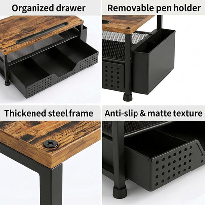 Desk Organizer and Accessories, 2-Tier Computer Monitor Stand Rise with Storage Drawer & 2 Pen Holders, Laptop & Printer Stand for Desktop, Workspace Organizers for Office Supplies (Black)
