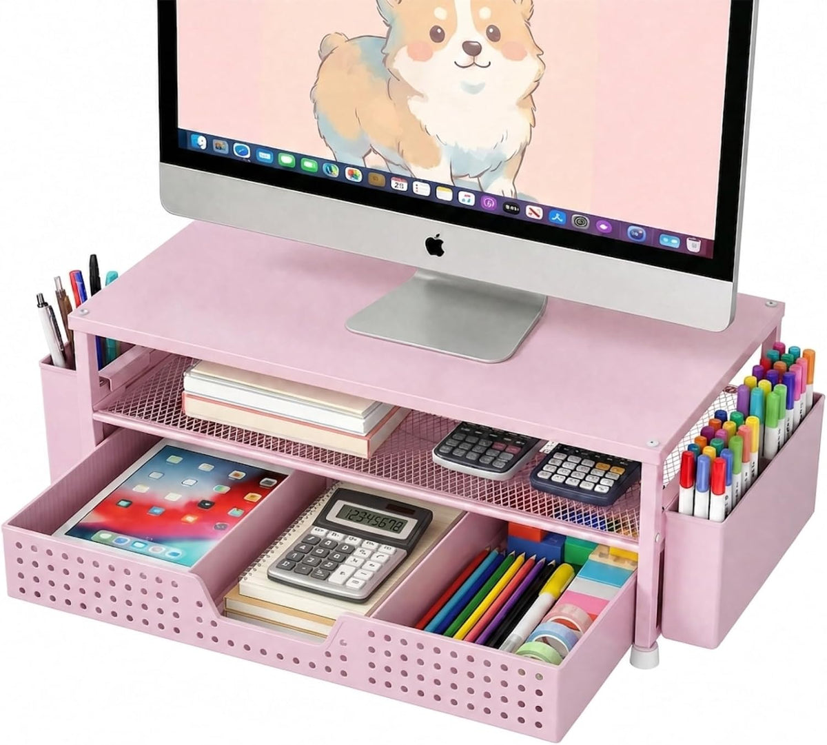 Desk Organizer and Accessories, 2-Tier Computer Monitor Stand Rise with Storage Drawer & 2 Pen Holders, Laptop & Printer Stand for Desktop, Workspace Organizers for Office Supplies (Black)
