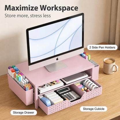 Desk Organizer and Accessories, 2-Tier Computer Monitor Stand Rise with Storage Drawer & 2 Pen Holders, Laptop & Printer Stand for Desktop, Workspace Organizers for Office Supplies (Black)