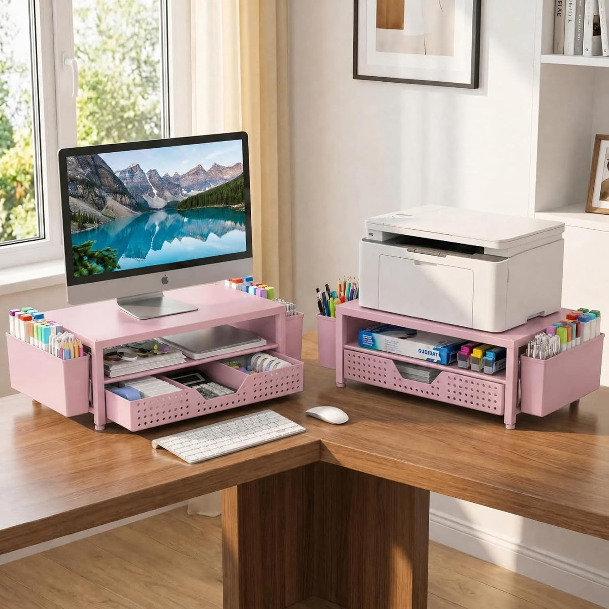 Desk Organizer and Accessories, 2-Tier Computer Monitor Stand Rise with Storage Drawer & 2 Pen Holders, Laptop & Printer Stand for Desktop, Workspace Organizers for Office Supplies (Black)