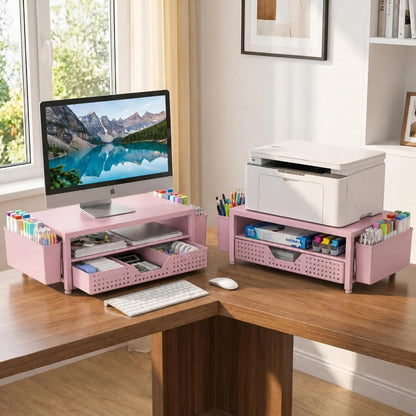 Desk Organizer and Accessories, 2-Tier Computer Monitor Stand Rise with Storage Drawer & 2 Pen Holders, Laptop & Printer Stand for Desktop, Workspace Organizers for Office Supplies (Black)