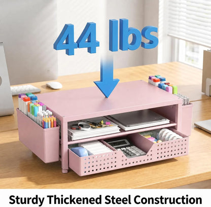 Desk Organizer and Accessories, 2-Tier Computer Monitor Stand Rise with Storage Drawer & 2 Pen Holders, Laptop & Printer Stand for Desktop, Workspace Organizers for Office Supplies (Black)