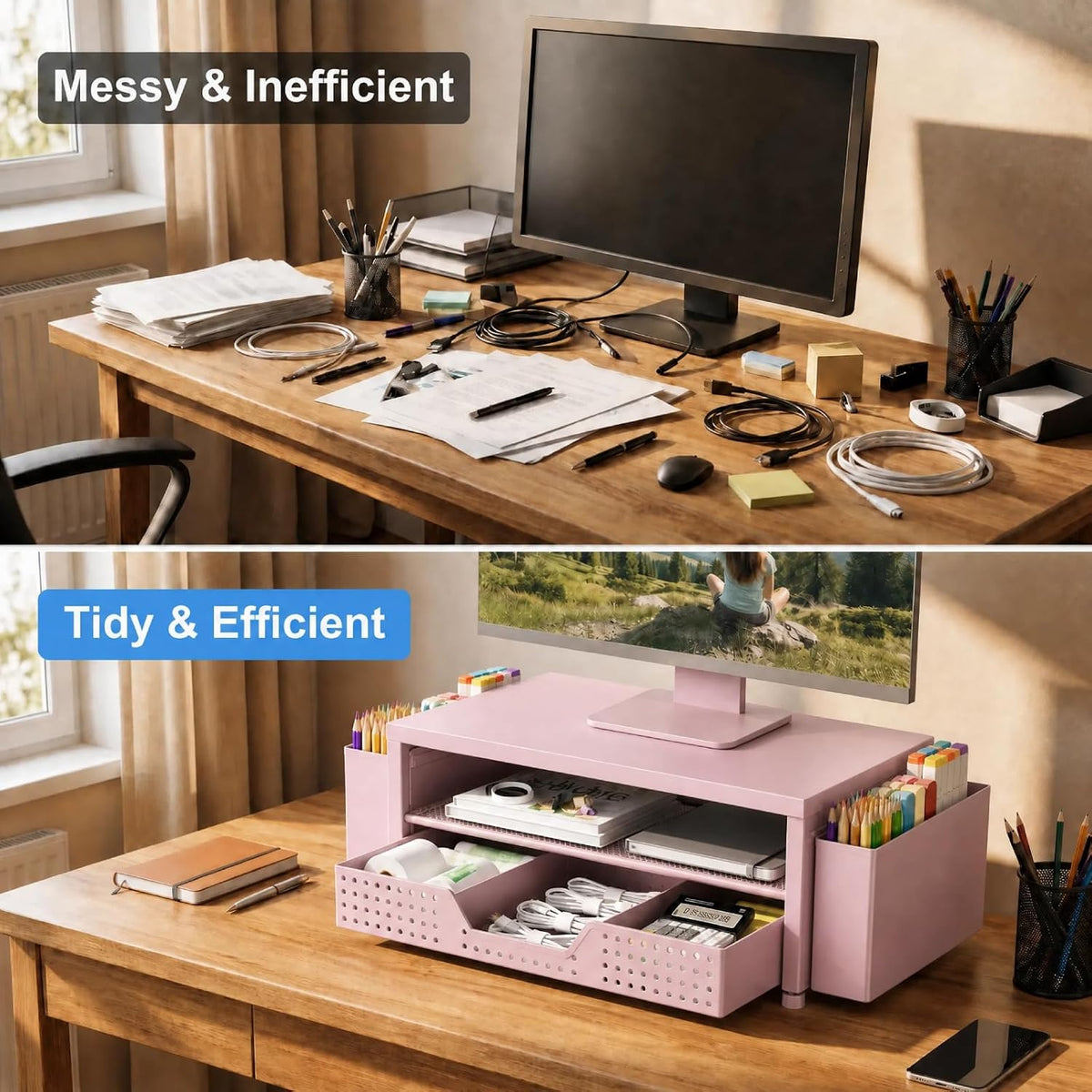 Desk Organizer and Accessories, 2-Tier Computer Monitor Stand Rise with Storage Drawer & 2 Pen Holders, Laptop & Printer Stand for Desktop, Workspace Organizers for Office Supplies (Black)