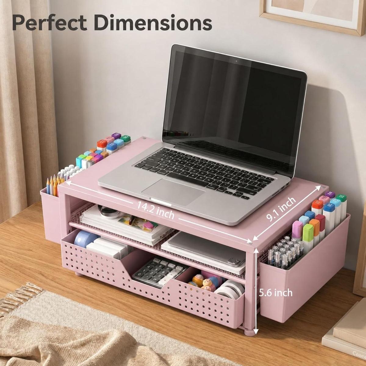 Desk Organizer and Accessories, 2-Tier Computer Monitor Stand Rise with Storage Drawer & 2 Pen Holders, Laptop & Printer Stand for Desktop, Workspace Organizers for Office Supplies (Black)
