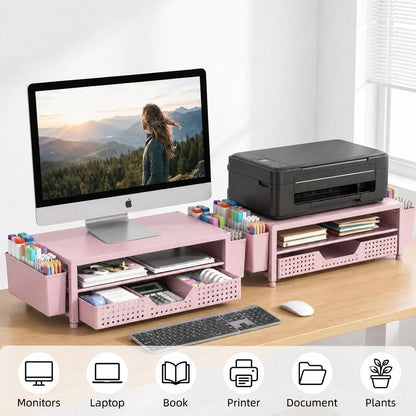 Desk Organizer and Accessories, 2-Tier Computer Monitor Stand Rise with Storage Drawer & 2 Pen Holders, Laptop & Printer Stand for Desktop, Workspace Organizers for Office Supplies (Black)