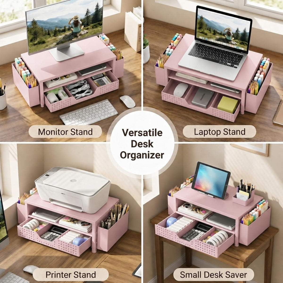 Desk Organizer and Accessories, 2-Tier Computer Monitor Stand Rise with Storage Drawer & 2 Pen Holders, Laptop & Printer Stand for Desktop, Workspace Organizers for Office Supplies (Black)