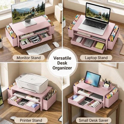 Desk Organizer and Accessories, 2-Tier Computer Monitor Stand Rise with Storage Drawer & 2 Pen Holders, Laptop & Printer Stand for Desktop, Workspace Organizers for Office Supplies (Black)