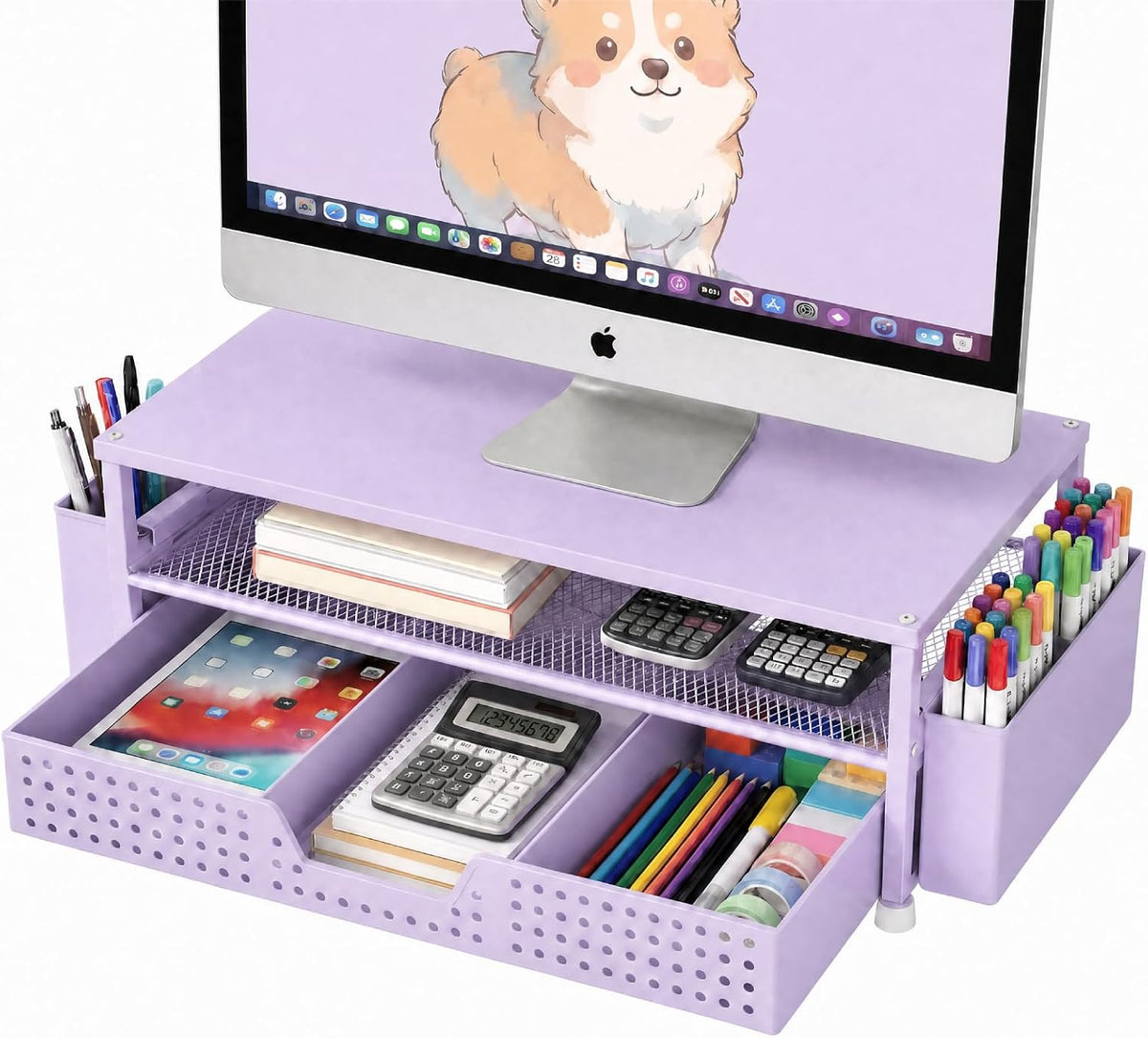 Desk Organizer and Accessories, 2-Tier Computer Monitor Stand Rise with Storage Drawer & 2 Pen Holders, Laptop & Printer Stand for Desktop, Workspace Organizers for Office Supplies (Black)