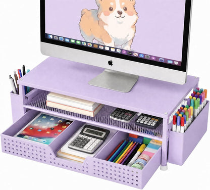Desk Organizer and Accessories, 2-Tier Computer Monitor Stand Rise with Storage Drawer & 2 Pen Holders, Laptop & Printer Stand for Desktop, Workspace Organizers for Office Supplies (Black)