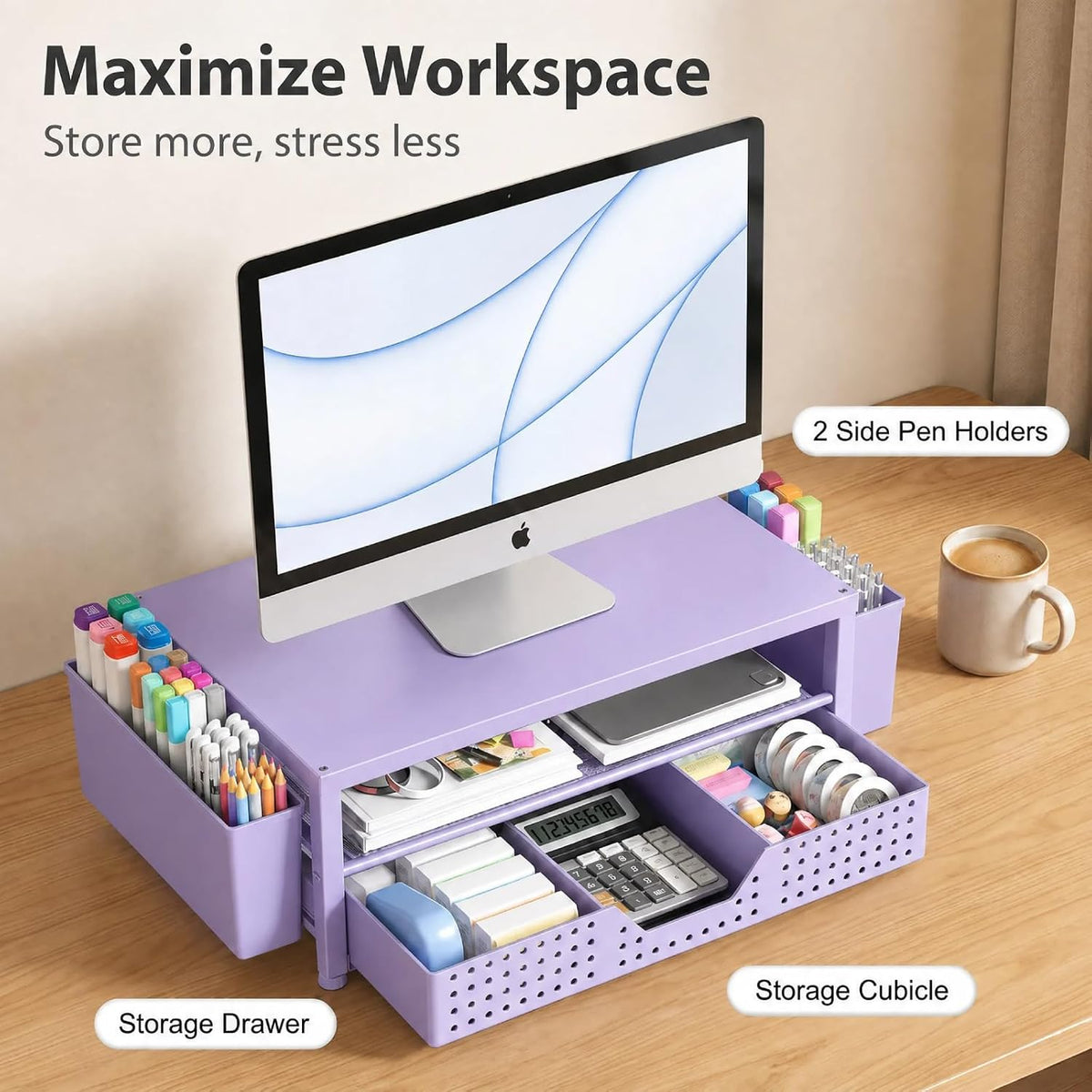 Desk Organizer and Accessories, 2-Tier Computer Monitor Stand Rise with Storage Drawer & 2 Pen Holders, Laptop & Printer Stand for Desktop, Workspace Organizers for Office Supplies (Black)