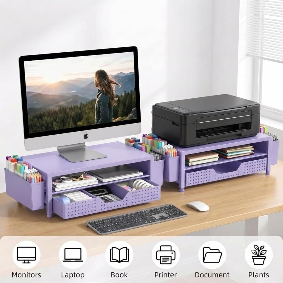 Desk Organizer and Accessories, 2-Tier Computer Monitor Stand Rise with Storage Drawer & 2 Pen Holders, Laptop & Printer Stand for Desktop, Workspace Organizers for Office Supplies (Black)