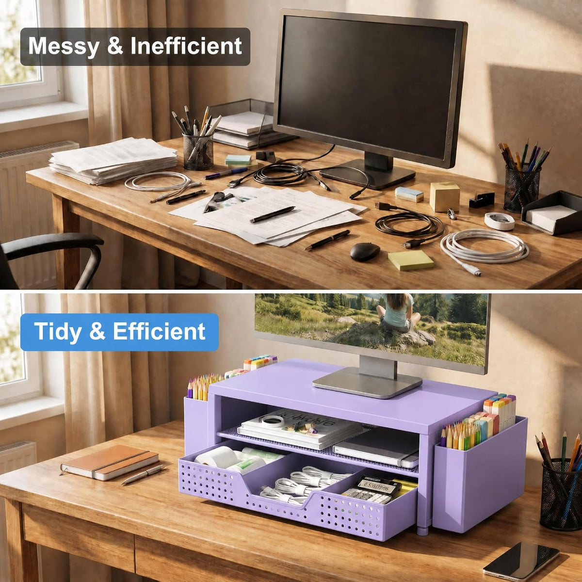 Desk Organizer and Accessories, 2-Tier Computer Monitor Stand Rise with Storage Drawer & 2 Pen Holders, Laptop & Printer Stand for Desktop, Workspace Organizers for Office Supplies (Black)