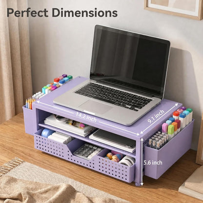 Desk Organizer and Accessories, 2-Tier Computer Monitor Stand Rise with Storage Drawer & 2 Pen Holders, Laptop & Printer Stand for Desktop, Workspace Organizers for Office Supplies (Black)