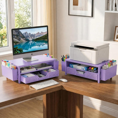 Desk Organizer and Accessories, 2-Tier Computer Monitor Stand Rise with Storage Drawer & 2 Pen Holders, Laptop & Printer Stand for Desktop, Workspace Organizers for Office Supplies (Black)