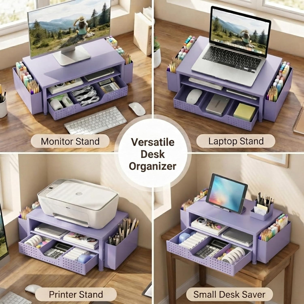 Desk Organizer and Accessories, 2-Tier Computer Monitor Stand Rise with Storage Drawer & 2 Pen Holders, Laptop & Printer Stand for Desktop, Workspace Organizers for Office Supplies (Black)