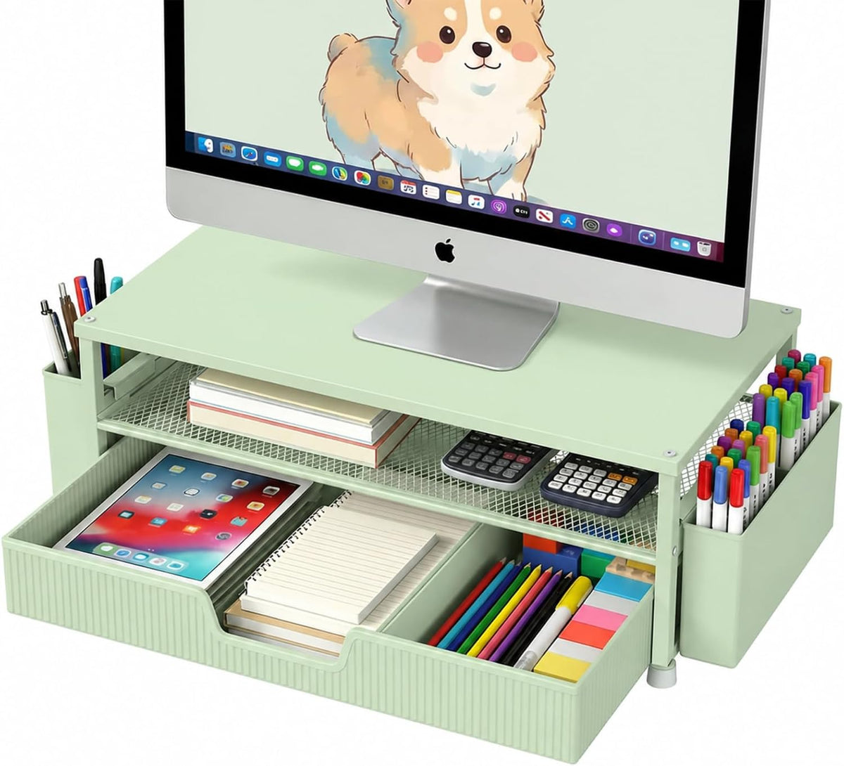 Desk Organizer and Accessories, 2-Tier Computer Monitor Stand Rise with Storage Drawer & 2 Pen Holders, Laptop & Printer Stand for Desktop, Workspace Organizers for Office Supplies (Black)