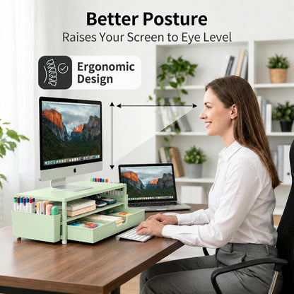 Desk Organizer and Accessories, 2-Tier Computer Monitor Stand Rise with Storage Drawer & 2 Pen Holders, Laptop & Printer Stand for Desktop, Workspace Organizers for Office Supplies (Black)