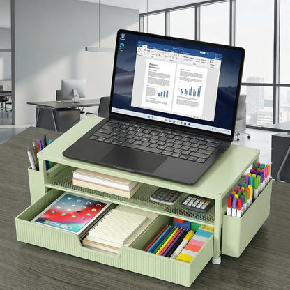 Desk Organizer and Accessories, 2-Tier Computer Monitor Stand Rise with Storage Drawer & 2 Pen Holders, Laptop & Printer Stand for Desktop, Workspace Organizers for Office Supplies (Black)