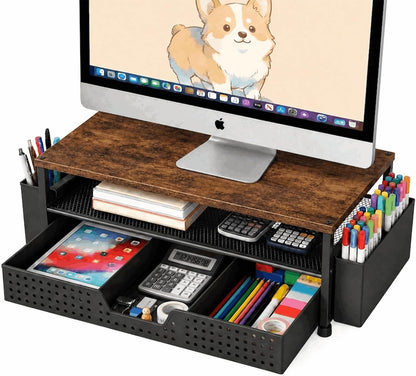 Desk Organizer and Accessories, 2-Tier Computer Monitor Stand Rise with Storage Drawer & 2 Pen Holders, Laptop & Printer Stand for Desktop, Workspace Organizers for Office Supplies (Black)