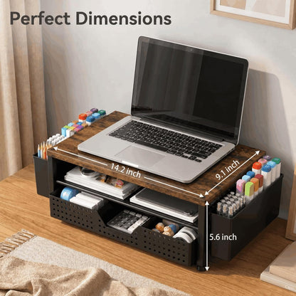 Desk Organizer and Accessories, 2-Tier Computer Monitor Stand Rise with Storage Drawer & 2 Pen Holders, Laptop & Printer Stand for Desktop, Workspace Organizers for Office Supplies (Black)