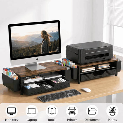 Desk Organizer and Accessories, 2-Tier Computer Monitor Stand Rise with Storage Drawer & 2 Pen Holders, Laptop & Printer Stand for Desktop, Workspace Organizers for Office Supplies (Black)