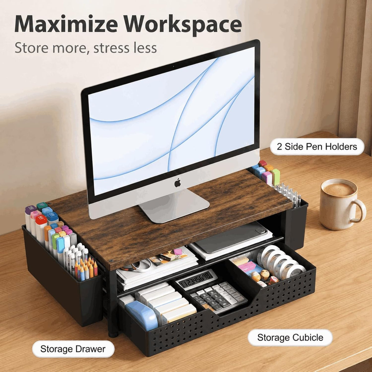 Desk Organizer and Accessories, 2-Tier Computer Monitor Stand Rise with Storage Drawer & 2 Pen Holders, Laptop & Printer Stand for Desktop, Workspace Organizers for Office Supplies (Black)