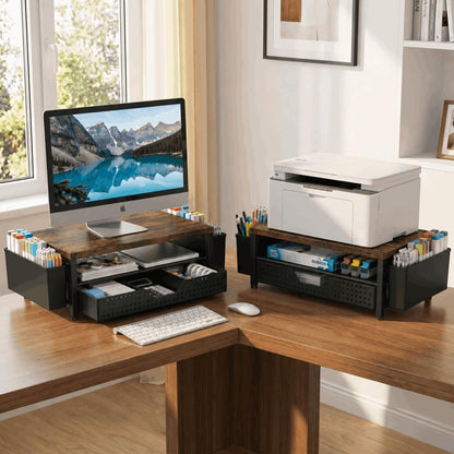 Desk Organizer and Accessories, 2-Tier Computer Monitor Stand Rise with Storage Drawer & 2 Pen Holders, Laptop & Printer Stand for Desktop, Workspace Organizers for Office Supplies (Black)