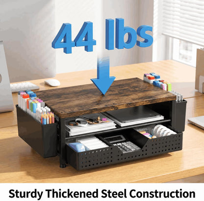 Desk Organizer and Accessories, 2-Tier Computer Monitor Stand Rise with Storage Drawer & 2 Pen Holders, Laptop & Printer Stand for Desktop, Workspace Organizers for Office Supplies (Black)