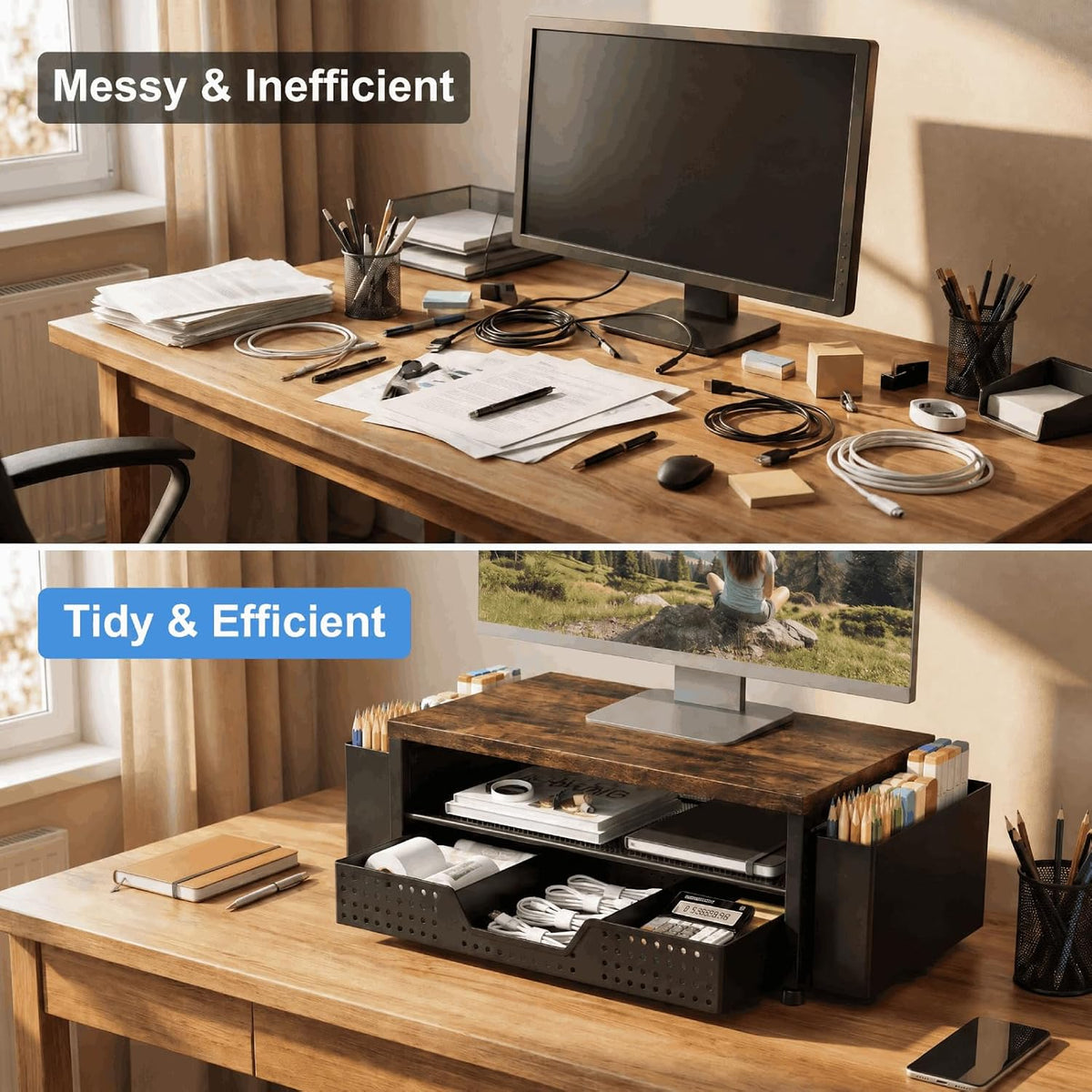 Desk Organizer and Accessories, 2-Tier Computer Monitor Stand Rise with Storage Drawer & 2 Pen Holders, Laptop & Printer Stand for Desktop, Workspace Organizers for Office Supplies (Black)