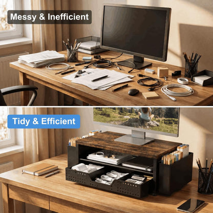 Desk Organizer and Accessories, 2-Tier Computer Monitor Stand Rise with Storage Drawer & 2 Pen Holders, Laptop & Printer Stand for Desktop, Workspace Organizers for Office Supplies (Black)