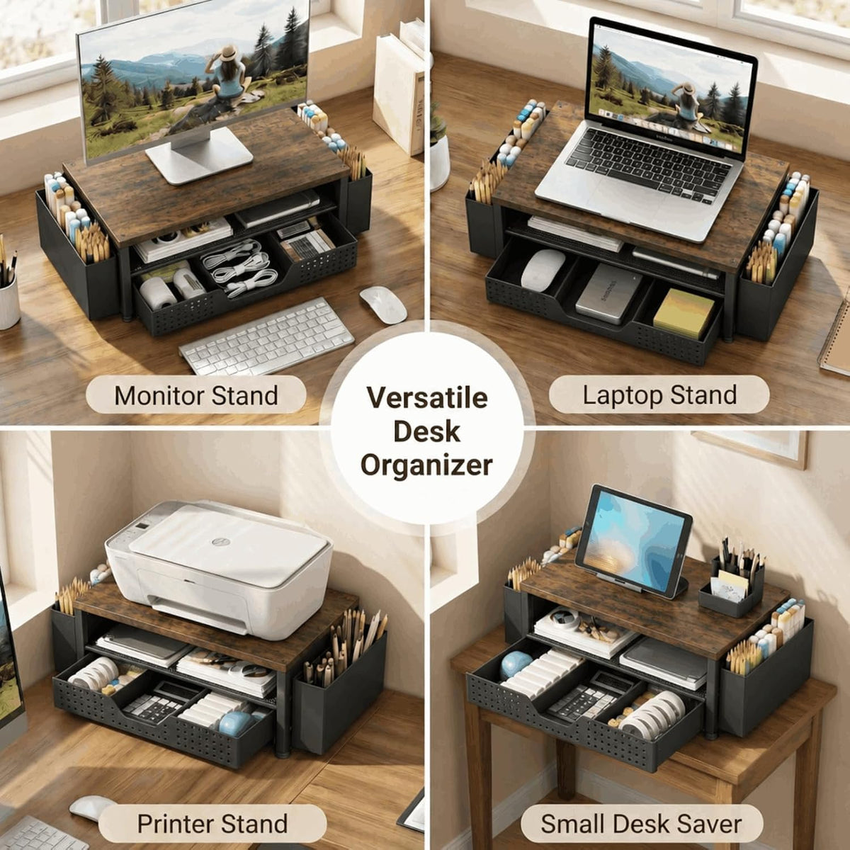 Desk Organizer and Accessories, 2-Tier Computer Monitor Stand Rise with Storage Drawer & 2 Pen Holders, Laptop & Printer Stand for Desktop, Workspace Organizers for Office Supplies (Black)