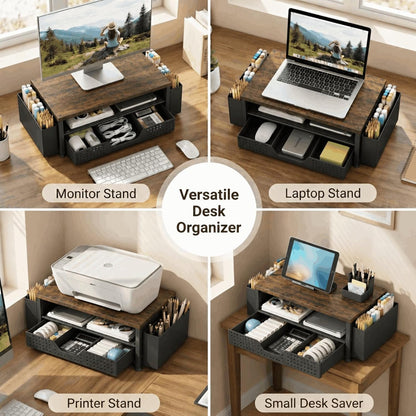 Desk Organizer and Accessories, 2-Tier Computer Monitor Stand Rise with Storage Drawer & 2 Pen Holders, Laptop & Printer Stand for Desktop, Workspace Organizers for Office Supplies (Black)