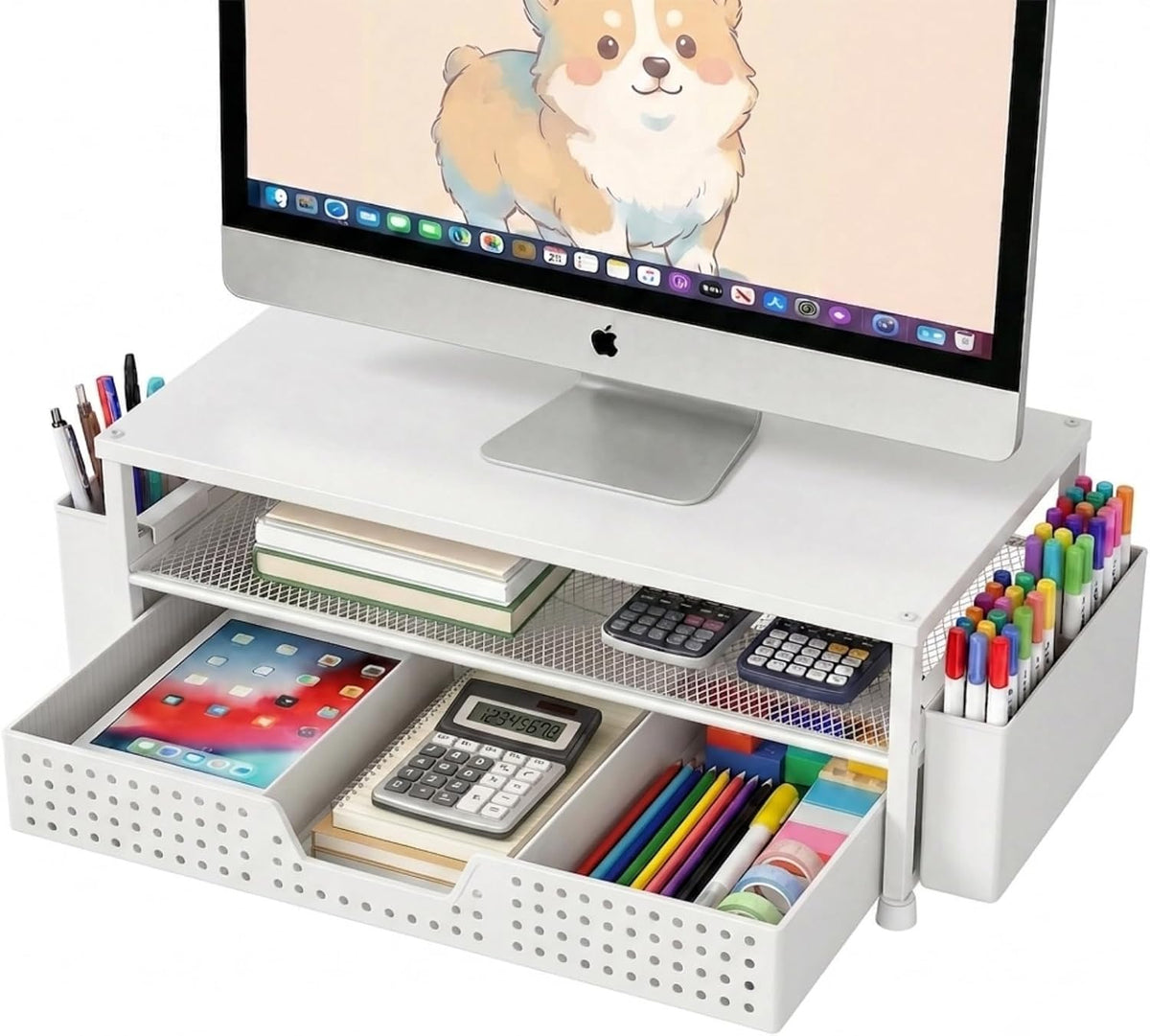 Desk Organizer and Accessories, 2-Tier Computer Monitor Stand Rise with Storage Drawer & 2 Pen Holders, Laptop & Printer Stand for Desktop, Workspace Organizers for Office Supplies (Black)