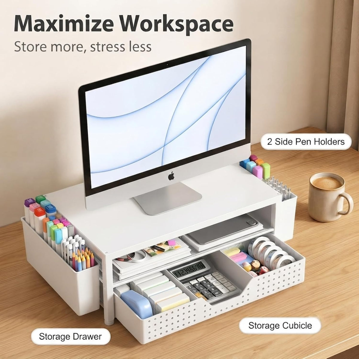 Desk Organizer and Accessories, 2-Tier Computer Monitor Stand Rise with Storage Drawer & 2 Pen Holders, Laptop & Printer Stand for Desktop, Workspace Organizers for Office Supplies (Black)