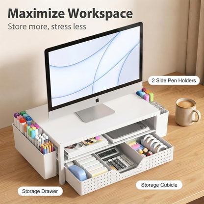 Desk Organizer and Accessories, 2-Tier Computer Monitor Stand Rise with Storage Drawer & 2 Pen Holders, Laptop & Printer Stand for Desktop, Workspace Organizers for Office Supplies (Black)