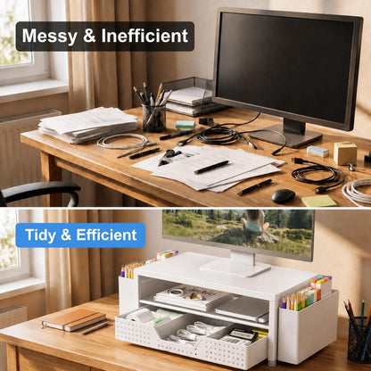 Desk Organizer and Accessories, 2-Tier Computer Monitor Stand Rise with Storage Drawer & 2 Pen Holders, Laptop & Printer Stand for Desktop, Workspace Organizers for Office Supplies (Black)